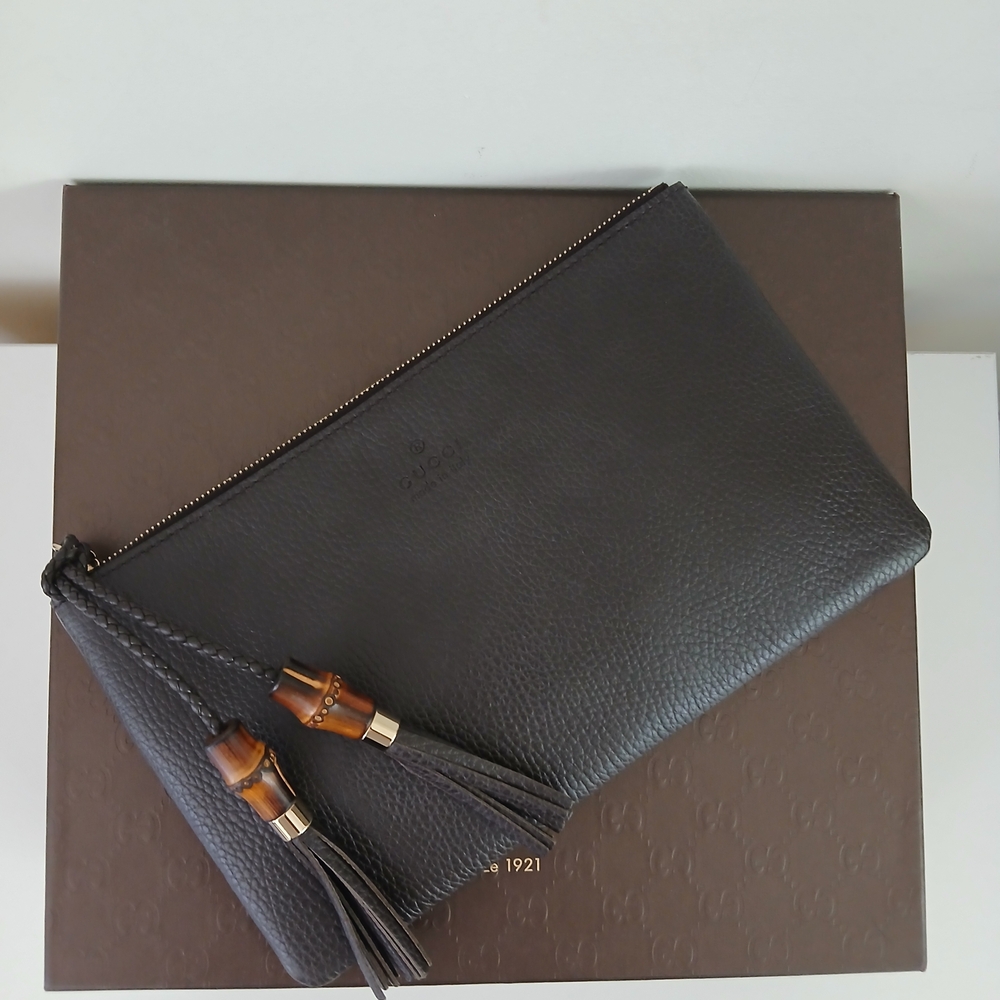 SOLD Gucci Black Leather Tassel Zip Wristlet Clutch